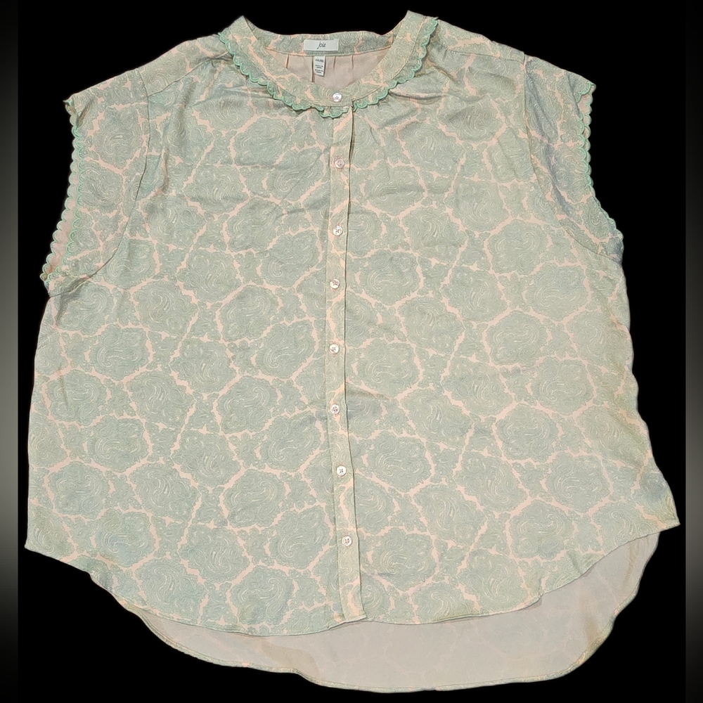 Joie Beige green Paisley Scallop edge Short Sleeve Blouse Sz XXL, NEW